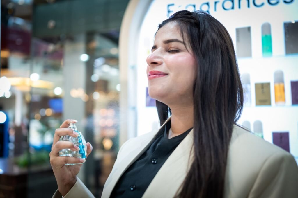 Stylish woman savoring a fresh fragrance in Islamabad boutique.